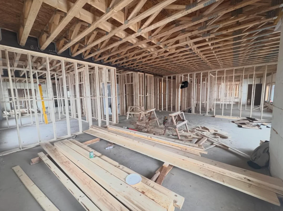 Interior framing in progress on an Andymax Construction project